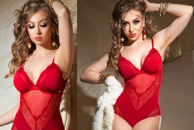 busty money domme modeling red lingerie
